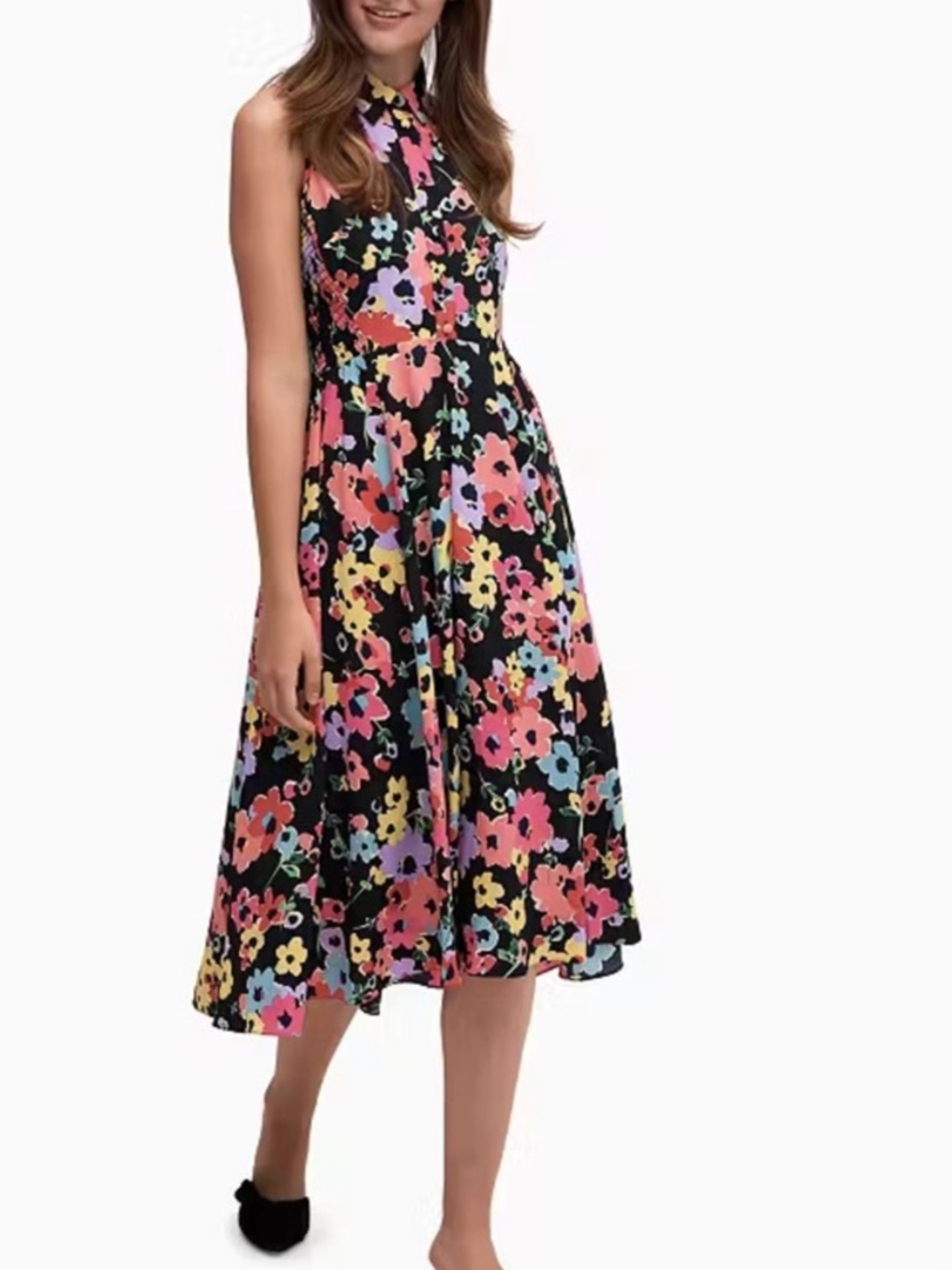 kate spade Black Midi Dress with Pink, Yellow & Blue Floral Print